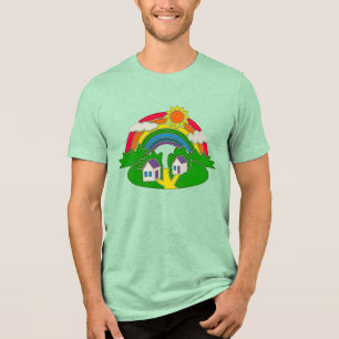 Cartoon landelijk tafereel met regenboog en landhu Tri-Blend shirt