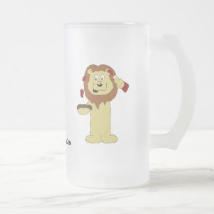 Cartoon leeuwen met steak en saus, bevroren glas B Matglas Bierpul
