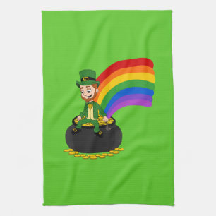 Cartoon leprechaun zit op een goudpot theedoek