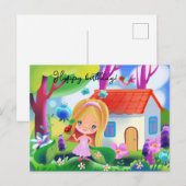 Cartoon lieve meisje en sprookjesachtig huis briefkaart (Voorkant / Achterkant)