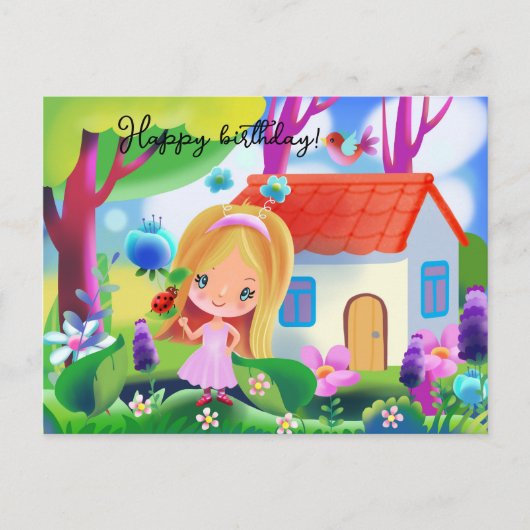 Cartoon lieve meisje en sprookjesachtig huis briefkaart (Voorkant)