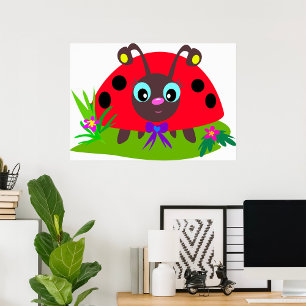 Cartoon lieveheersbeestje Boog en Bloemen Poster