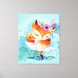 Cartoon Little Fox Lovely Fox Floral Canvas Afdruk