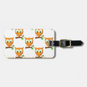 Cartoon Little Owl on Branch Pattern Bagagelabel