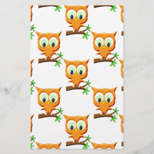Cartoon Little Owl on Branch Pattern Briefpapier