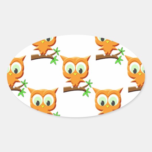 Cartoon Little Owl on Branch Pattern Ovale Sticker (Voorkant)