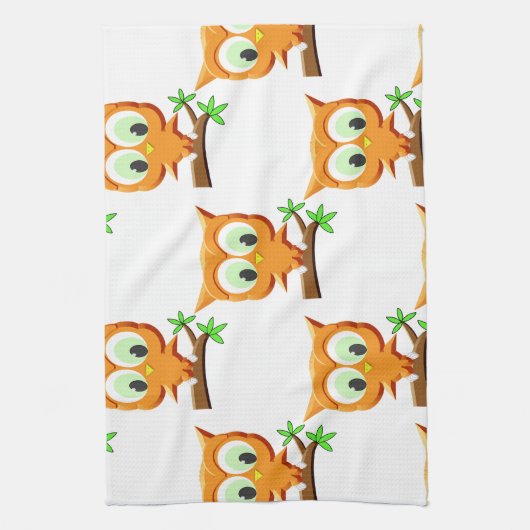 Cartoon Little Owl on Branch Pattern Theedoek (Verticaal)