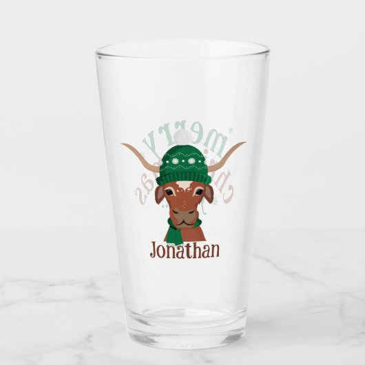 Cartoon Longhorn in Groene Ski Pet en Sjaal Glas (Voorkant)