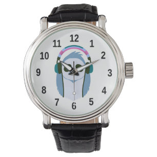 Cartoon luiaard met hoofdtelefoon horloge