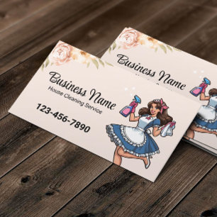 Cartoon Maid House Cleaning Service Pastel Floral Visitekaartje