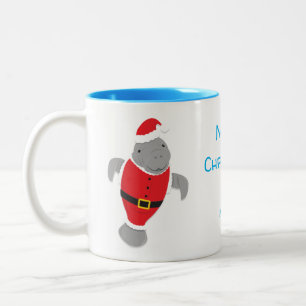Cartoon Manatee Santa Merry Blue Name Tweekleurige Koffiemok