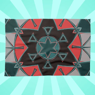 Cartoon Mandala Blauw Rood en Zwart Theedoek