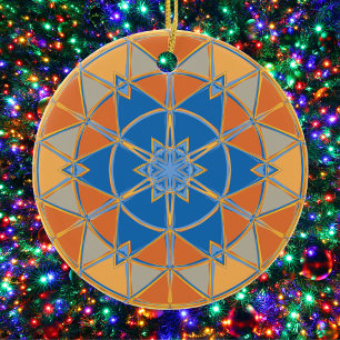 Cartoon Mandala blauw Sinaasappel en geel Keramisch Ornament