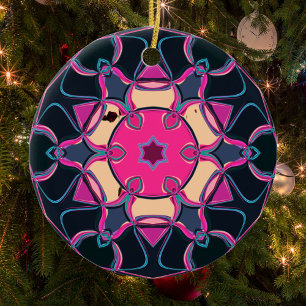 Cartoon Mandala Bloem Roze Geel en Zwart Keramisch Ornament