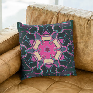 Cartoon Mandala Bloem Roze Geel en Zwart Kussen