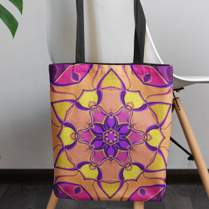 Cartoon Mandala Bloem Roze Paars en Oranje Draagtas