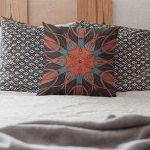 Cartoon Mandala Flower Blue Oranje en Black Kussen