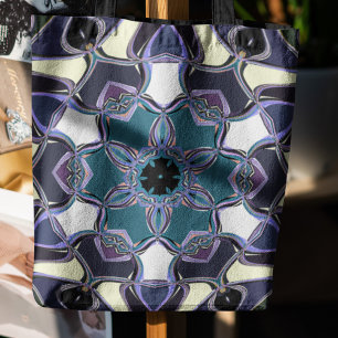 Cartoon Mandala Flower Blue Paars Black en White Draagtas