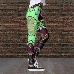 Cartoon Mandala Flower Green Paars and Black Leggings