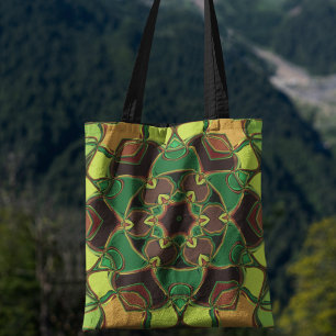 Cartoon Mandala Flower Green Yellow en Oranje Draagtas