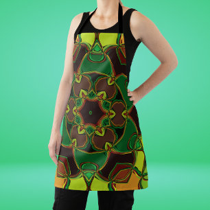 Cartoon Mandala Flower Green Yellow en Oranje Schort