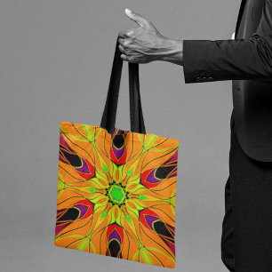Cartoon Mandala Flower Oranje Green en Red Draagtas