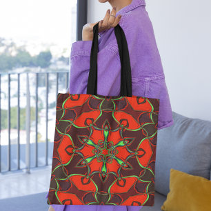 Cartoon Mandala Flower Red en Blauwgroen Draagtas