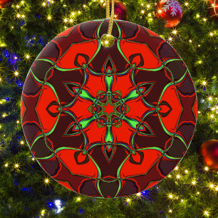 Cartoon Mandala Flower Red en Blauwgroen Keramisch Ornament