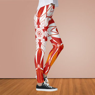 Cartoon Mandala Flower Red Sinaasappel and White Leggings