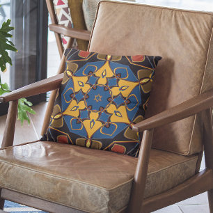 Cartoon Mandala Flower Yellow Blue en Oranje Kussen