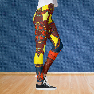 Cartoon Mandala Flower Yellow Oranje and Blue Leggings