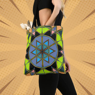 Cartoon Mandala Groen Blauw en Sinaasappel Draagtas