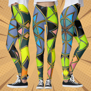 Cartoon Mandala Groen Blauw en Sinaasappel Leggings