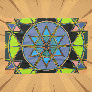 Cartoon Mandala Groen Blauw en Sinaasappel Theedoek