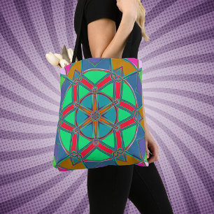 Cartoon Mandala Groen Rood en Blauw Draagtas