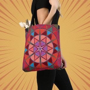 Cartoon Mandala Rood Roze en blauw Draagtas