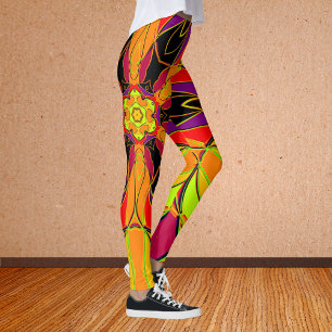 Cartoon Mandala Vloeiend Oranje Paars en rood Leggings