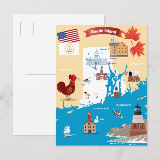 Cartoon Map of Rhode Island Briefkaart (Voorkant / Achterkant)