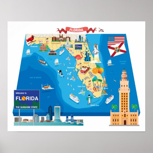 Cartoon Map van Florida Poster (Voorkant)