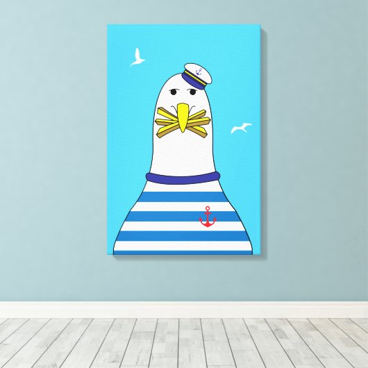 Cartoon meeuw heeft je chips gestolen Funny Seasid Canvas Afdruk (Insitu (Houten vloer))