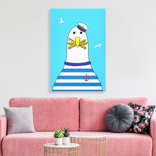 Cartoon meeuw heeft je chips gestolen Funny Seasid Canvas Afdruk (Insitu (Woonkamer))
