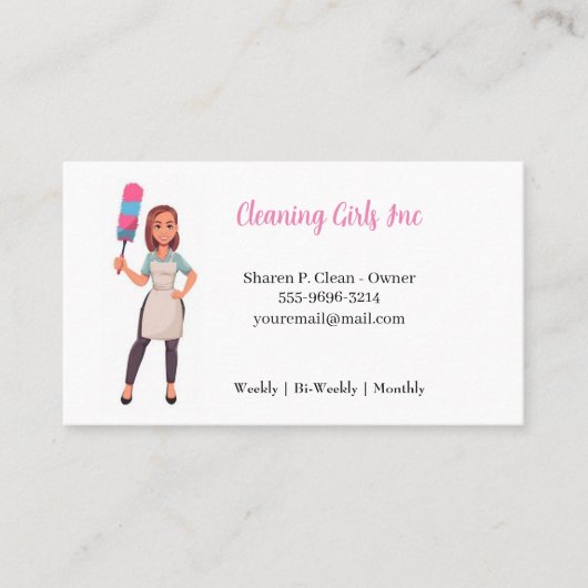Cartoon Meisje Huis Schoonmaak Service Visitekaart Visitekaartje (Voorkant)