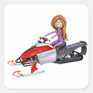 Cartoon Meisje op een Sneeuwscooter Vierkante Sticker