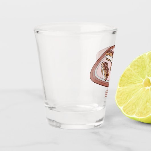 Cartoon met chocolade eclair shot glas (Links)