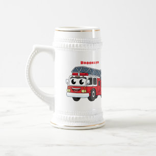 Cartoon met een brandblusmotor bierpul