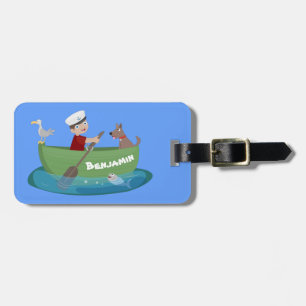 Cartoon met een staartjongen en een hondenroeiboot bagagelabel