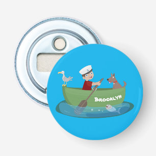 Cartoon met een staartjongen en een hondenroeiboot button flesopener