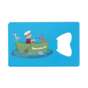 Cartoon met een staartjongen en een hondenroeiboot kredietkaart flessenopener