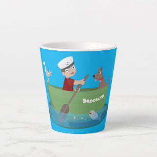 Cartoon met een staartjongen en een hondenroeiboot latte mok