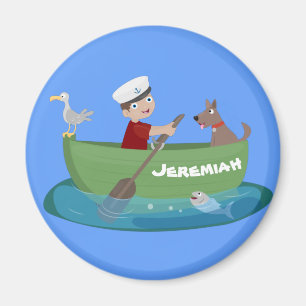 Cartoon met een staartjongen en een hondenroeiboot magneet